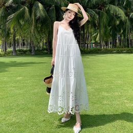 Women summer beach holiday spaghetti strap loose embroidery hollow out maxi long desinger dress SMLXL