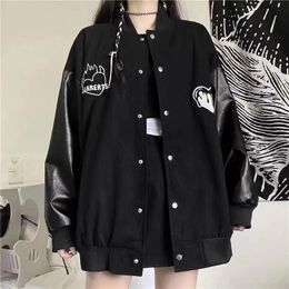 Jeans Houzhou Baseball Bomber Jacket Women Goth Haruku Patchwork Oversize Leather Jackets Kpop Korean Streetwear Gothic Spring Coat