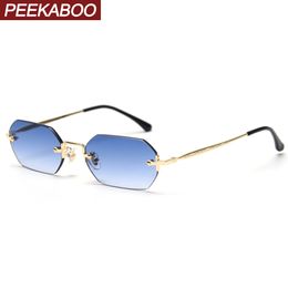 Peekaboo men rectangle sunglasses rimless octagonal small glasses women metal gold polygon blue brown 2021 uv400 frameless