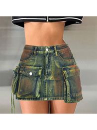 Skirts Women's Summer Green Cargo Denim Skirt Y2k Skirt Fashion High Waist Elegant Harajuku Vintage Punk A-Line Mini Pockets Skirt 230707