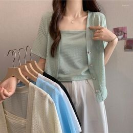 Women's Blouses Short Sleeved Shoulder Small Coat Summer Suspender Two-piece Set Chiffon With A Vintage Clothes Top Women Shirts &