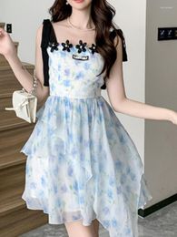Casual Dresses Summer 2023 Blue Printed Floral Sweet Mini Dress Women Short Party Female Korean Style Fashion Irregular Slip