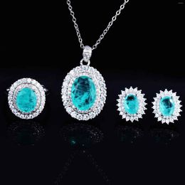 Necklace Earrings Set Natural London Blue Precious Ring Pendant Three Piece Women's Exquisite Zircon Engagement Wedding