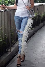 Women's Jeans Fashion Real Fur White Feather Wool Stitching Ripped Stretch Slimming Cropped Skinny Denim Pants Trousers For Women