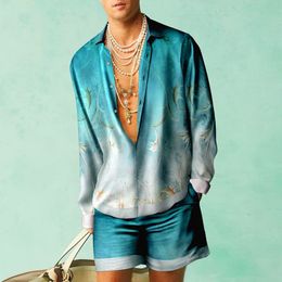 Mens Tracksuits Vintage Printed Shirt Set Long Sleeve Two Piece Hawaiian Style Beach Outdoor Casual Top 230707
