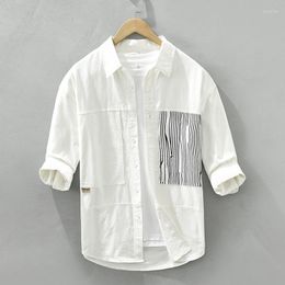 Men's Casual Shirts Three Quarter Sleeve Shirt For Men Summer Striped Patchwork Tops Male Breathable Button Up Party