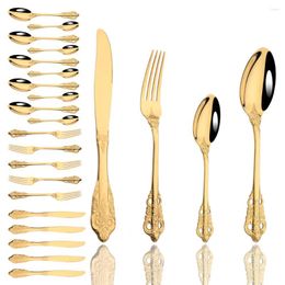 Dinnerware Sets 24pcs/Set Vintage Set Tableware Mirror Stainless Steel Gold Cutlery Dinner Knife Tea Fork Spoon Western Flatware