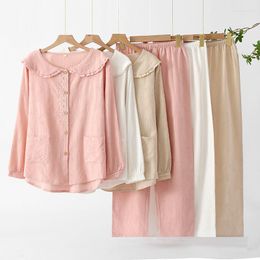 Women's Sleepwear Jacquard Cotton Long Sleeved Sleep Top Trouser Suits Solid Color Loose Home Clothing Thin Pajamas Set Woman 2 Pieces