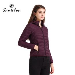 Jeans Santelon Winter Women Warm Padded Puffer Jacket Coat with Hood Female Soild Short Outdoor Clothing Ultralight Store in A Bag