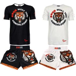 Men's Shorts Tiger Muay Thai Suits Boxing T Shirt MMA Shorts Rash Guard Short Sleeve Top Mens Kids Fitness Fight Grappling Kickboxing Pants 230707