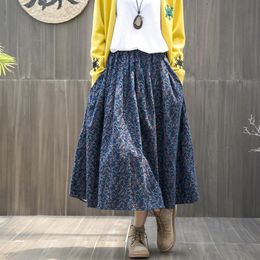 Skirts Spring Autumn Arts Style Elastic Waist Cotton Linen A-line Long Skirt Women Loose Casual Vintage Floral Skirt high quality S364 230707