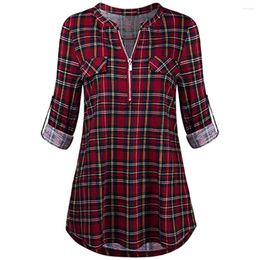 Women's Blouses Womens Tunic Shirts Plaid Printed Casual Rolled Sleeve Zipped V-Neck Tops Blouse Ladies Spring Summer Blusas