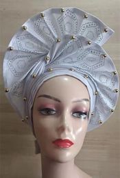 Fabric and Sewing White Nigerian Gele Headtie Aso Oke High Quality African Aso Oke Gele Already Made Auto Gele African Turban Cap for party 230707