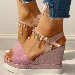 Sandals Crystal Open Toe Pearl Wedges Women's Buckle Strap High Heel Shoes For Women Fashion Casual Outdoor Breathable