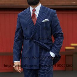 Men's Suits Navy Blue Striped Men Suit Slim Fit Formal Business Blazer Double Breasted Banquet Tuxedo 2 Piece Set Costume Homme Jacket Pants