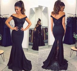 2023 Navy Blue Mermaid Prom Dreess Off Shouther Satin Scin Scened Beaded Lace Applique Train Train Long Evening Party Gowns Back Back