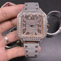 2Tone Rose Gold Men's Iced Diamond Watches Roman Numerals Scale Square Diamond Bezel New Trend Hip-hop Watch Automatic Movement Watches