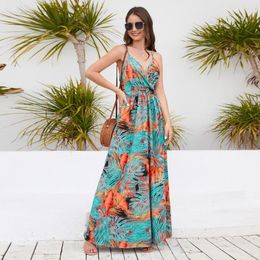 Casual Dresses Floral Dress Women Printed Spaghetti Strap Sexy Backless Long Bohemian Summer V-neck Beach Style Luxury Floor Length Maxi