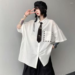 Women's Blouses Lady Harajuku Embroidery Pocket Straight Shirts White Female Single Breasted Short Sleeve Shirt Summer Couple Street Casual