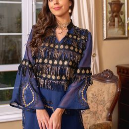 Mellanöstern Eid Gulf Dress Dubai Saudi Arab Kuwait Women Muslim Embroidery Tassel Jalabiya Linne Home Dress AST26887