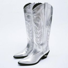 Boots Cowboy Cowgirl For Women Metallic Silver Stacked Heeled Zip Western Mid Calf Casual Embroidered Shoes