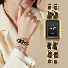 Wristwatches Fashion Small Fragrant Wind Woven Band Women's Watch Two Pin Square Quartz Black Gold Sugar Women