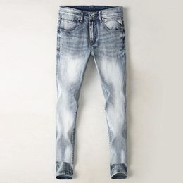 Men's Jeans Italian Style Fashion Men Retro Light Gray Blue Elastic Stretch Ripped Slim Fit Vintage Designer Denim Pants