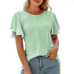 Women's Blouses Round Neck Short Sleeved Ripped Hollow Shirt Fluffy Casual Top With Ruffles Tunic Tops To Wear Leggings