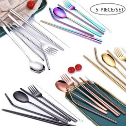 Dinnerware Sets 5Pcs/Set Stainless Steel Golden Cutlery Set Steak Knife Fork Coffee Spoon Teaspoon Dinner Tableware