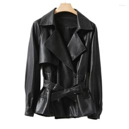 Women's Leather Outerwear Autumn And Winter Solid Color PU Jacket Lapel Lace-up Short Top Slim Commuter Female Clothing 324