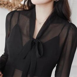 Women's Blouses Sexy Black Thin Long Sleeved Chiffon Shirt Blouse Sunscreen Cool Top