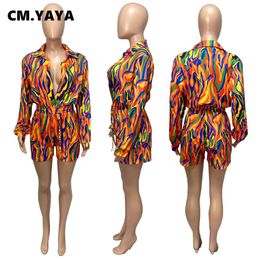 Pants Cm.yaya Chic Women Tie Dye Black Hole Wrap Lapel Collar Long Sleeve Shirt Style Romper 2023 Spring Ins One Piece Suit Playsuit