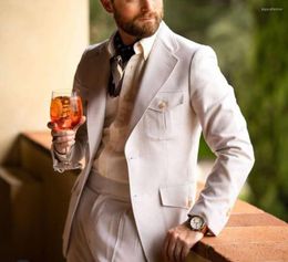 Men's Suits Ivory Luxury Suit Notched Lapel Blazer Trousers Coat Wearing Big Pocket Winter Wear Tailored Safari Jacket 2pcs Pants