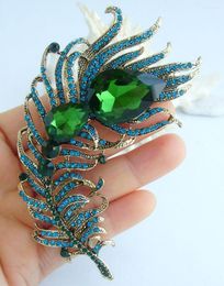 Brooches Charming 4.33" Blue Green Austrian Crystal Peacock Feather Brooch Pin Pendant EE05038C4