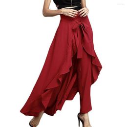 Women's Pants Women Skirt Solid Colour Loose Hem Maxi High Waist Ruffle Irregular Lace Up Ankle Length