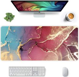 Extended Mouse Pad Big Mousepad Keyboard Mat Desk Pad with Non-Slip Base Stitched Edge 35.4 x 15.7 in, Purple Red Marble