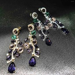 Dangle Earrings Luxury Temperament Fashion Women's Flower Shiny Zircon Crystal Gold Colour Long Vintage Jewellery 2023
