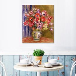 Handmade Canvas Art Pierre Auguste Renoir Painting Vase of Tulips and Anemones Village Landscape Artwork Bathroom Decor