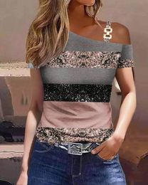 Women's T-Shirt Top Women Summer Fashion Simple Metal Buckle Oblique Collar Casual Short-Sleeved Printed T-Shirt Top Y2K Clothes 230707