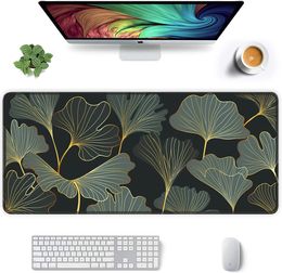 Extended Mouse Pad Big Mousepad Keyboard Mat Desk Pad with Non-Slip Base Stitched Edge 35.4 x 15.7 in, Gold Line Leaves