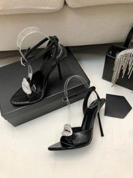 Fashion designer sandals Luxury rhinestone leather pointed 10.5cm thin heel rhinestone decorative high heels black white ankle lace dress shoes factory shoes