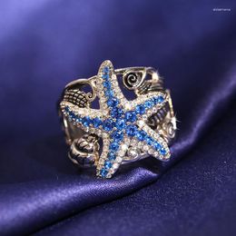 Cluster Rings Fashion Blue Starfish 925 Stamps For Women With Bling Zircon Stone Wedding Engagement Cute Selling Jewellery