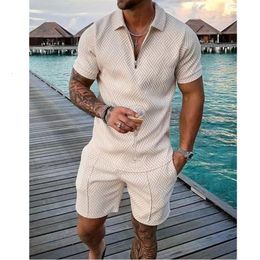 Mens Tracksuits Solid Colour Polo Shirt Set Summer Sport Jogging Zipper Short Sleeve Casual Sportswear TwoPiece 230707