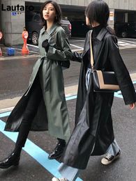 Pants Lautaro Spring Autumn Long Black Green Pu Leather Trench Coat for Women Sashes Loose Casual Waterproof Raincoat Korean Fashion