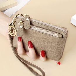 Cowhide Handle Small Wallet Multi Functional Multi Card Keychain Wallet Leather Wallet Lady Solid Colour Zipper Purses