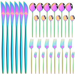 Dinnerware Sets 30Pcs Colourful Set Knife Cake Fork Tea Spoon Cutlery Mirror Stainless Steel Silverware Kitchen Flatware Tableware