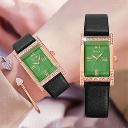 Wristwatches Fashion Brand Women's Watch With Diamond Inlay Green Dial Luxurious Leather Quartz Simple