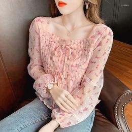 Women's Blouses Autumn Fashion Print Up Satin Silk Shirt Vintage Blouse Women White Lady Long Sleeves Female Loose Street Shirts Tops 2023