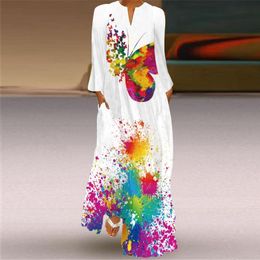 Capris New Printed Long Autumn Pocket Sexy Vneck Long Sleeve Dresses for Women Party Bohemian Anklelength Vintage Dress Plus Size 5xl