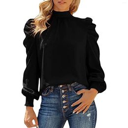 Women's Blouses Women Turtleneck Tops Puff Sleeves Shirt Long Sleeve Spring Autumn Button Blouse Solid Color Pleated T-shirts Clothing